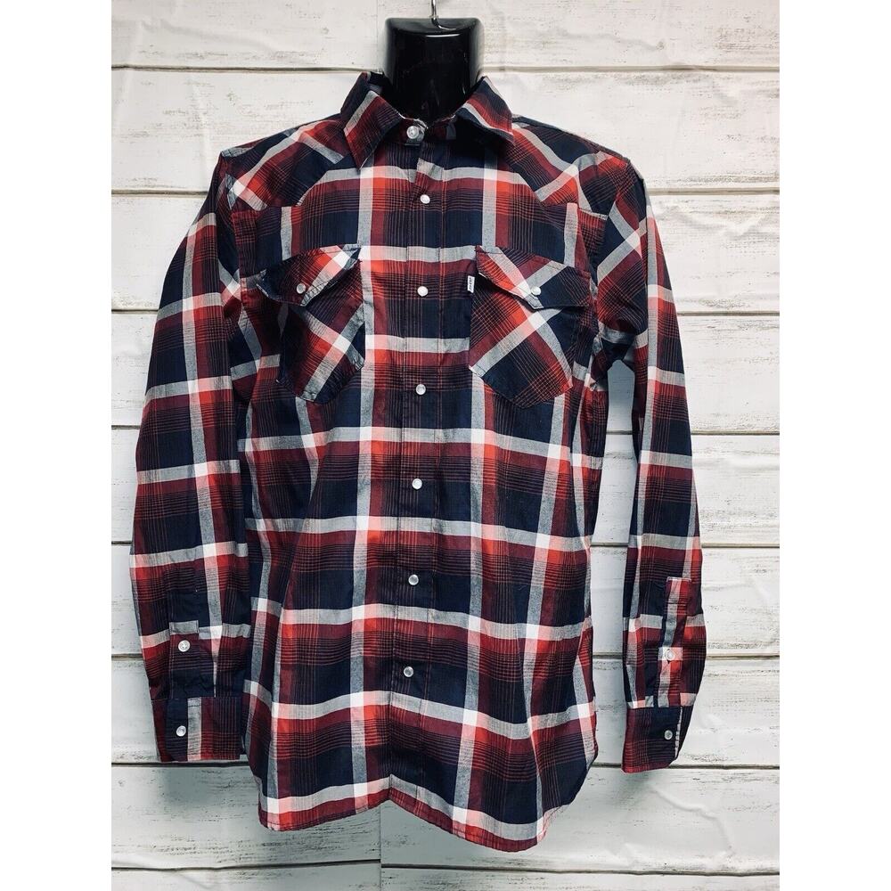 Mens M Levis Western Pearl Snaps Shirt Plaid L S Standard Fit Red Black Gray EUC